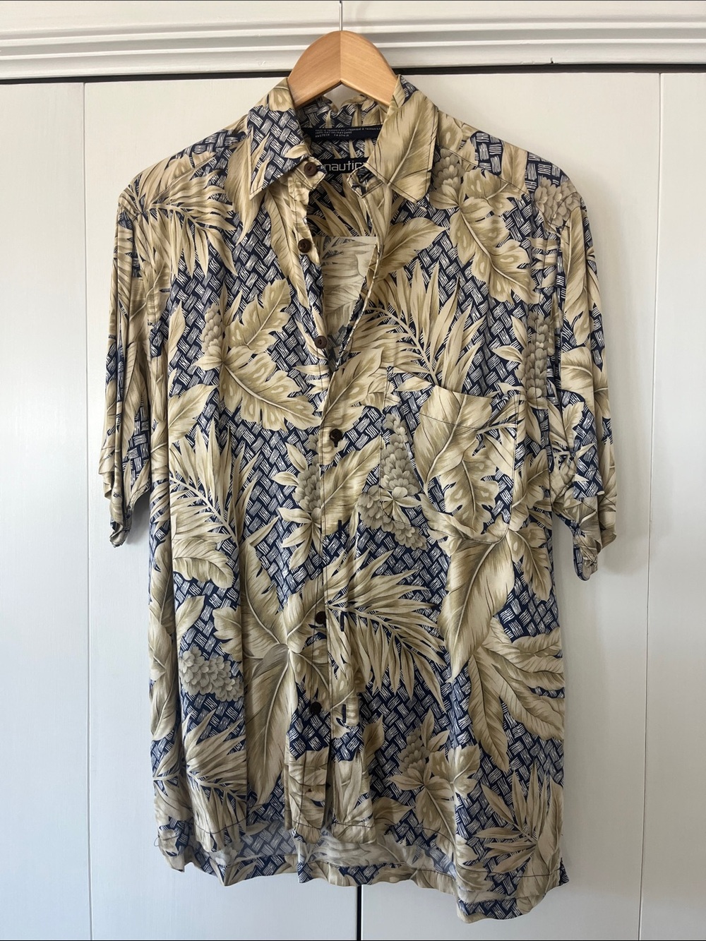Nautica Navy and Beige Tropical Leaf Short-Sleeve Button-Up